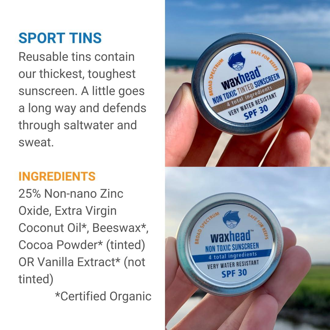 Waxhead Sun Defense Foods Waxhead Travel Size Sunscreen Sampler Box - Non-Nano Zinc Oxide, Coral Reef Safe, Biodegradable Sunblock SPF 30. Zinc Lip Balm, Solid Mini Paste Tins (.5oz) Tinted, Baby + Everyday (1oz) in Canvas Bag