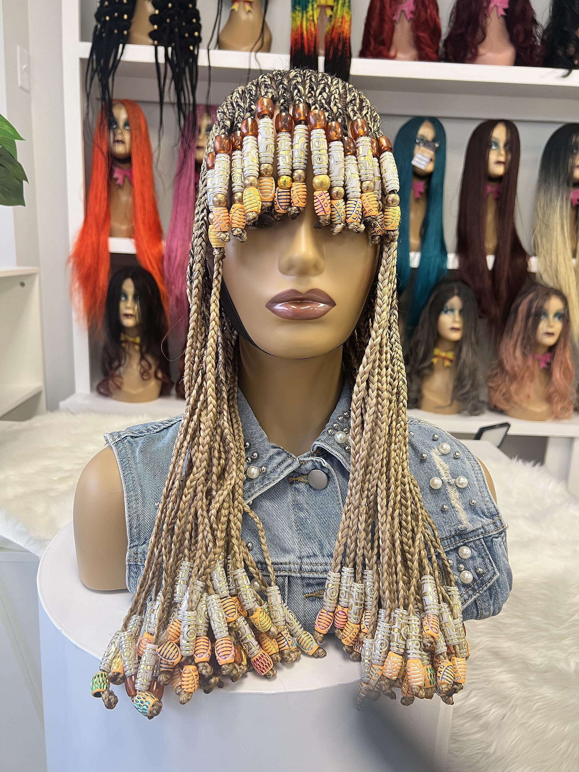 Kr8tiva KR8TIVA Bang braided wig, Fringe Braided wig, Fringe beaded Wig for Black women, hand braided Wigs, Beaded Wig (Beaded cornrow Full Lace)