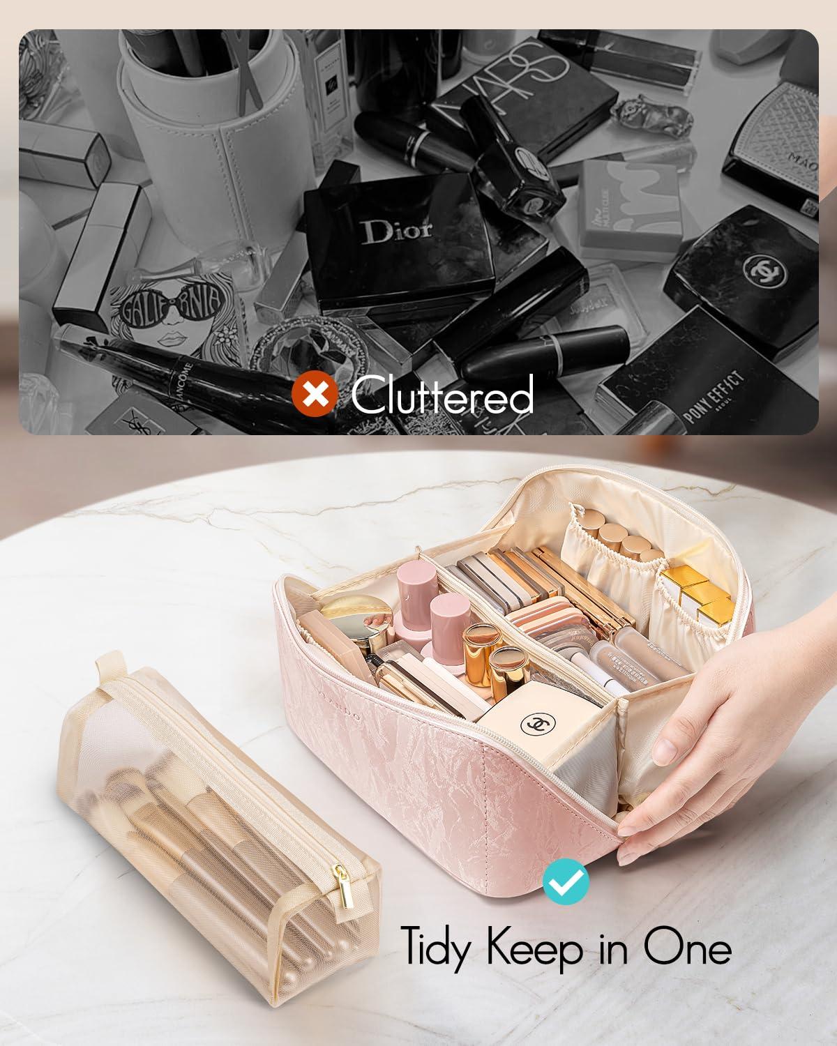 Vlando Vlando Makeup Bag,Travel Makeup Bag Waterproof Portable Cosmetic Bag PU Leather Open Flat Make up Organizer for Toiletries,Christmas Gifts Birthday Gifts for Women Girls Travelers(Sand Pink)