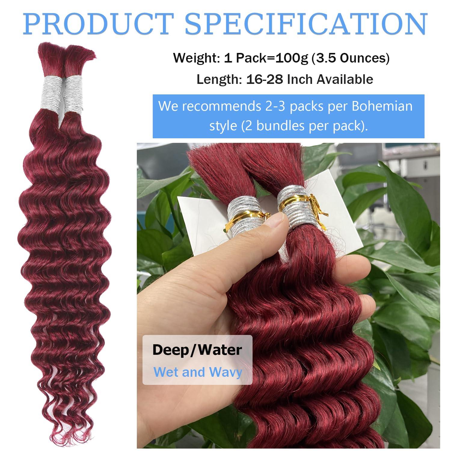 Hoscod Burgundy Human Braiding Hair 22 Inch Deep Wave Bulk Human Hair For Braiding Boho Braids 100g 99J Human Braiding Hair Water Wave Red Human Hair for Braiding Micro Braids Wet And Wavy Human Hair