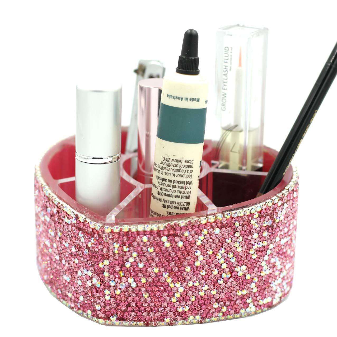 Bestbling Desktop Cosmetic Storage Box 8-hole Heart-Shaped Bling bling Rhinestone Cosmetic Tools storage Box Jewelry Storage Box (Pink)