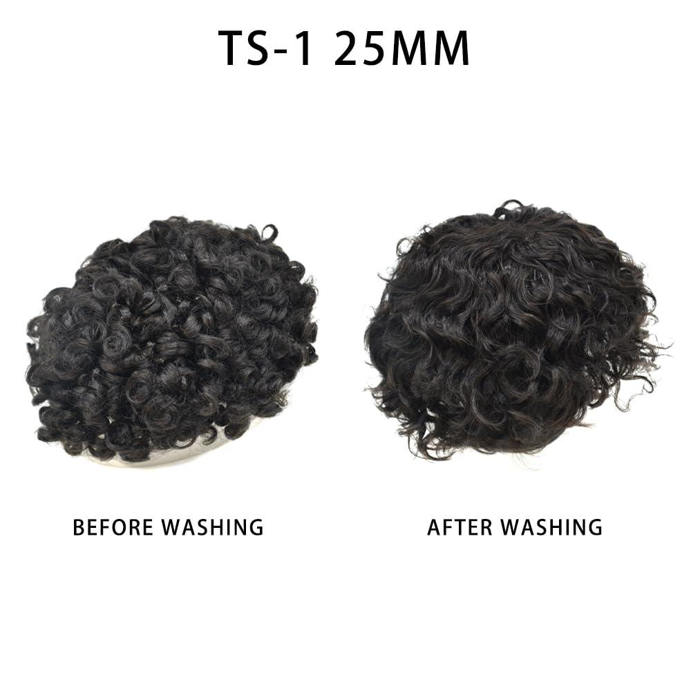 JUST HAIR Mens Toupee 25mm Curly Wave Hair Unit for Men Fine Mono Black Hair Replacement System Poly Skin Around Hair Piece (8X10, 1B Off Black-25mm curl)