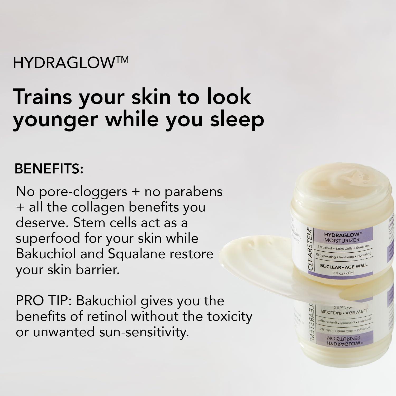 CLEARSTEM CLEARSTEM - HYDRAGLOW Stem Cell Moisturizer - Bakuchiol + Squalene - Youthful Skin Face Moisturizer - All Skin Types - Facial Skin Care Products - Vegan, Gluten Free, Cruelty Free - 2 fl oz / 60ml