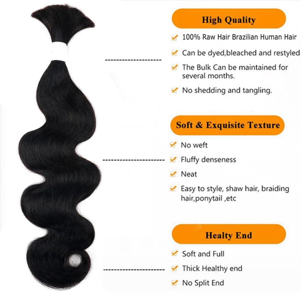 Kiss darling LASHES Human Braiding Hair Body Wave Human Braiding Hair for Boho Braids No Weft Human Hair for Braiding Brazilian Raw Human Hair Braiding Hair 16inch 100g/Bundle Jet Black