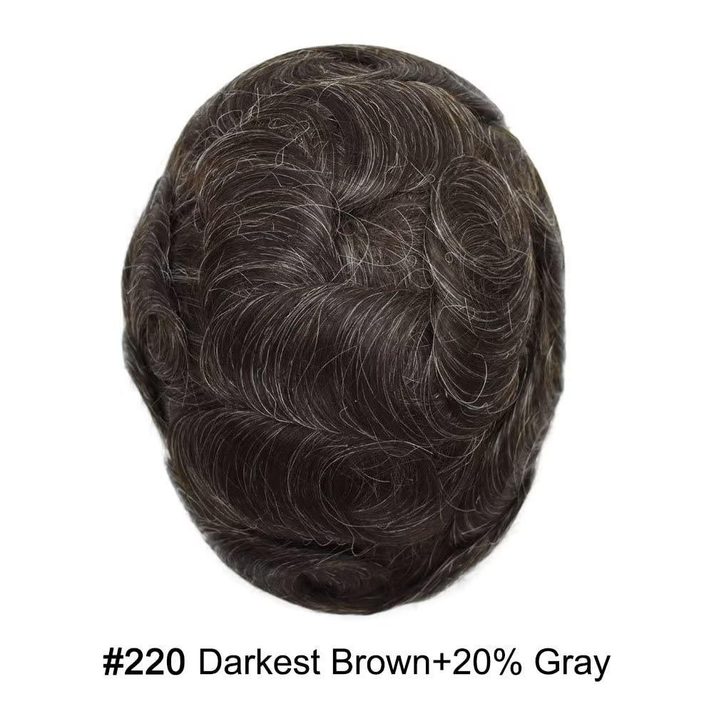 JUST HAIR Super Thin Skin Mens Toupee 0.03mm Ultra Thin PU Toupee for Men Hair System V-Looped Mens Hairpiece Natural Hairline Prosthesis Human Hair Replacement 8X10\"-100% density#220 Darkest Brown+20% Gray