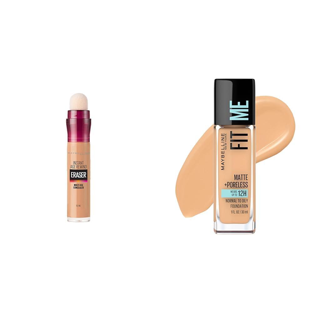 MAYBELLINE Maybelline Instant Age Rewind Eraser Dark Circles Treatment Multi-Use Concealer,130 & Fit Me Matte + Poreless Liquid Oil-Free Foundation Makeup, Natural Buff