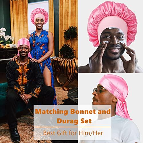Himoswis 4 PCS Silk Bonnet for Men Sleeping,Silk Sleep Cap for Curly Hair Men,Hair Bonnet Men Sleep,Matching Bonnets and Silk Durag for Men Set-Black,Pink