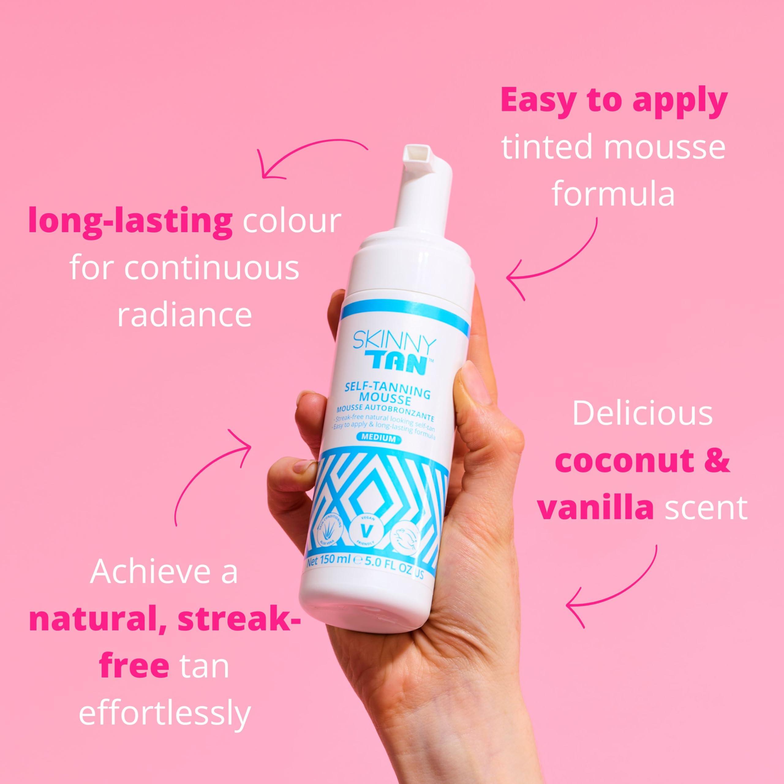 Skinny Tan Skinny Tan Self-Tanning Mousse - Long-Lasting and Non-Drying Formula - Coconut and Vanilla Scent - Easy To Apply Luxurious, Foam Texture - Streak Free and Natural Looking Results - Medium - 5 oz