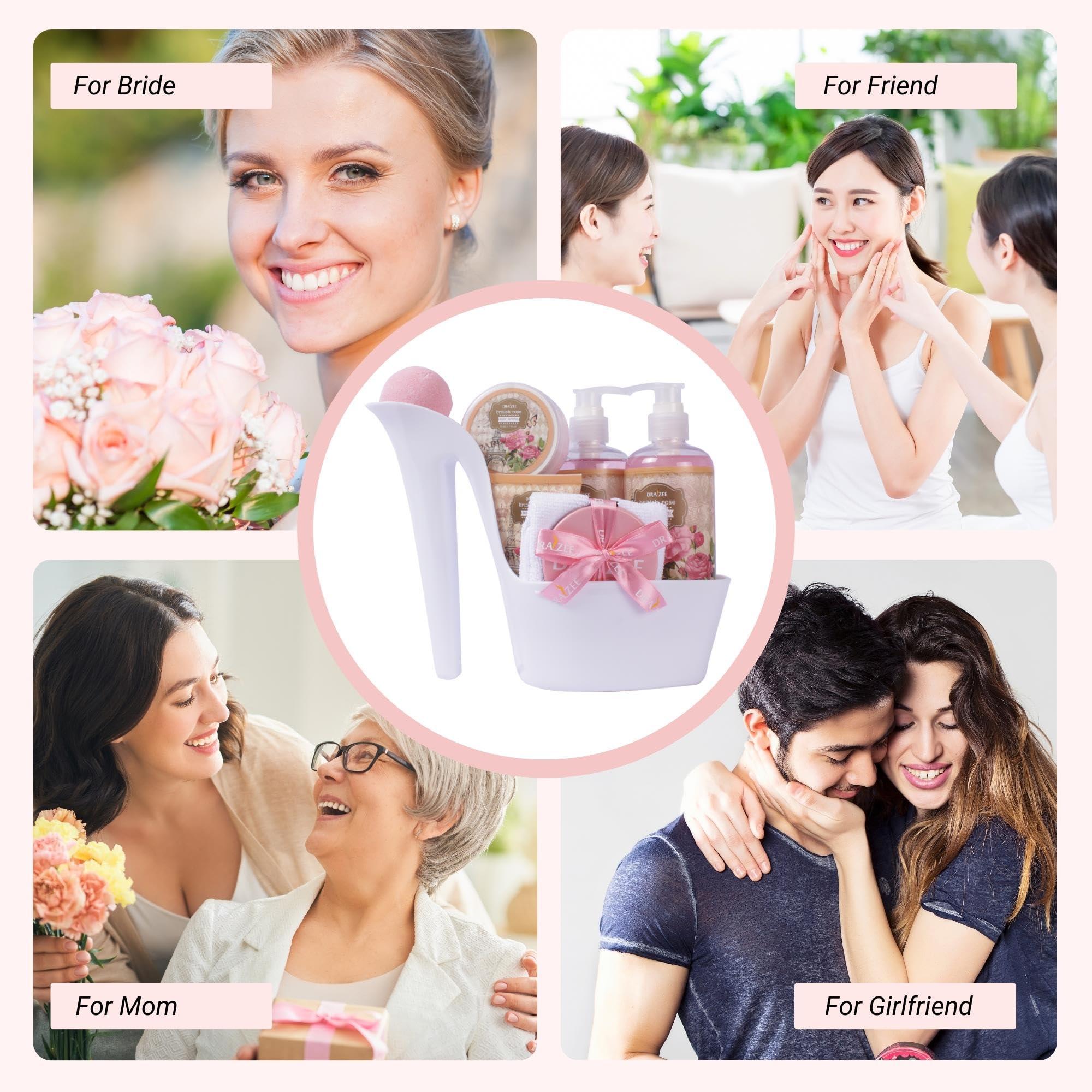 Draizee Spa Gift Basket For Women - Luxury British Rose Scented Bath and Body Set of 8-Pcs Heel Shoe Spa Basket with Body Lotion, Butter, Shower Gel, Bubble Bath & More - Gift for Her, Mom by Draizee