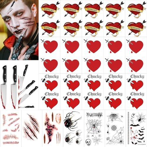 Zomme 86+ PCS Bride of Chucky Tattoos, 3 Styles Chucky Tattoos and Tiffany Tattoos, Fake Scar Spider Tattoo for Halloween, Perfect for Tiffany Costume Bride of Chucky or Halloween Temporary Tattoos Cosplay