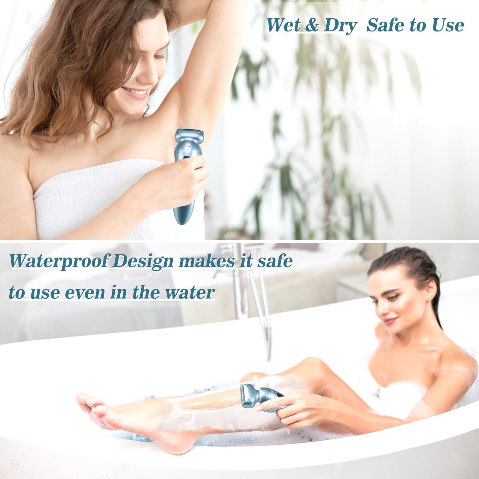 Akunbem Akunbem Electric Razors for Women for Legs Bikini Trimmer Electric Shaver for Women Underarm Public Hairs Rechargeable Womens Shaver Wet Dry Use Painless Cordless with Detachable Head (Blue)