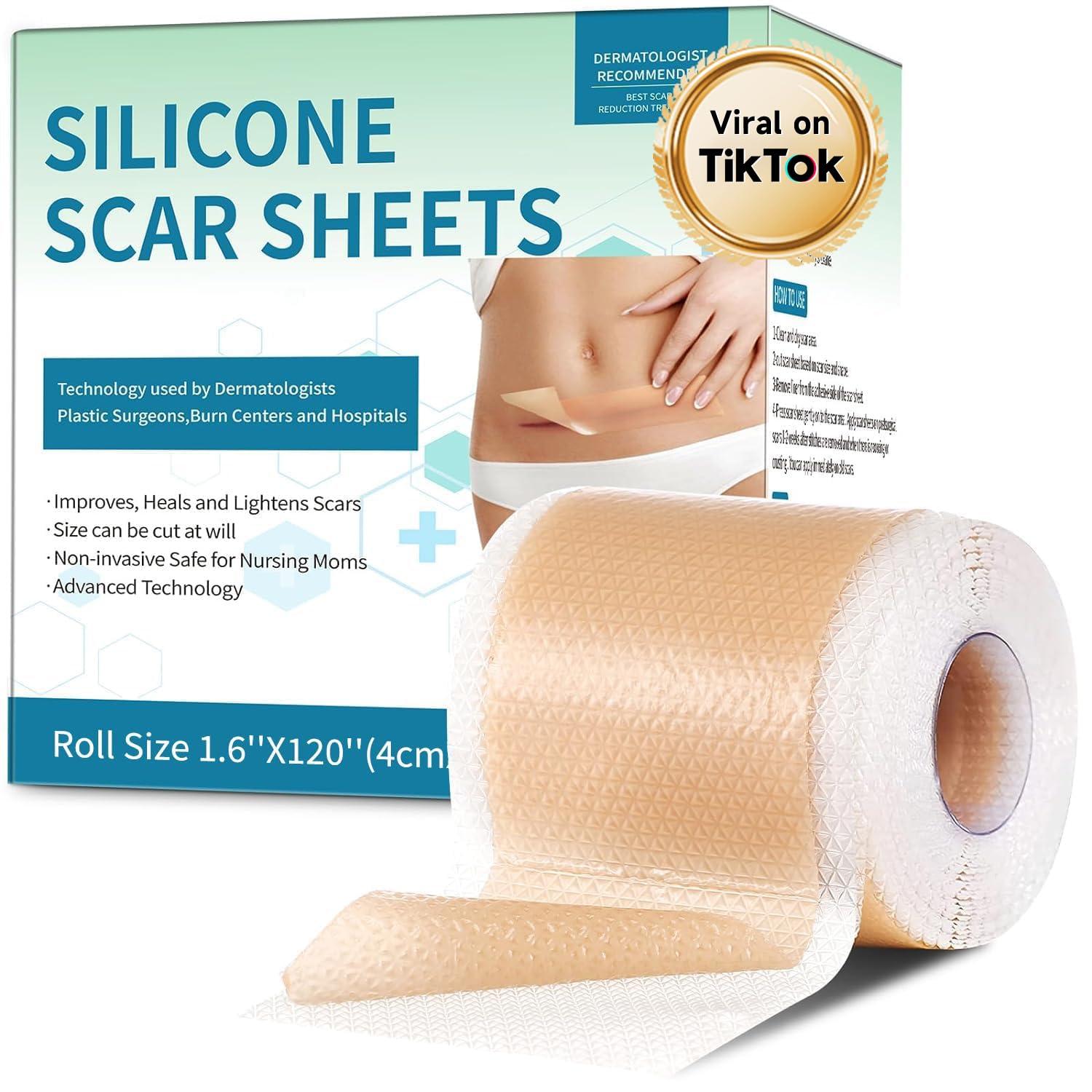 Rvlaim Silicone Scar Sheets, Silicone Scar Tape(1.6x 120 Roll-3M), Silicone Scar Strips, Professional Scar Removal Sheets for Surgical Scars, Keloid, C-Section, Burn et