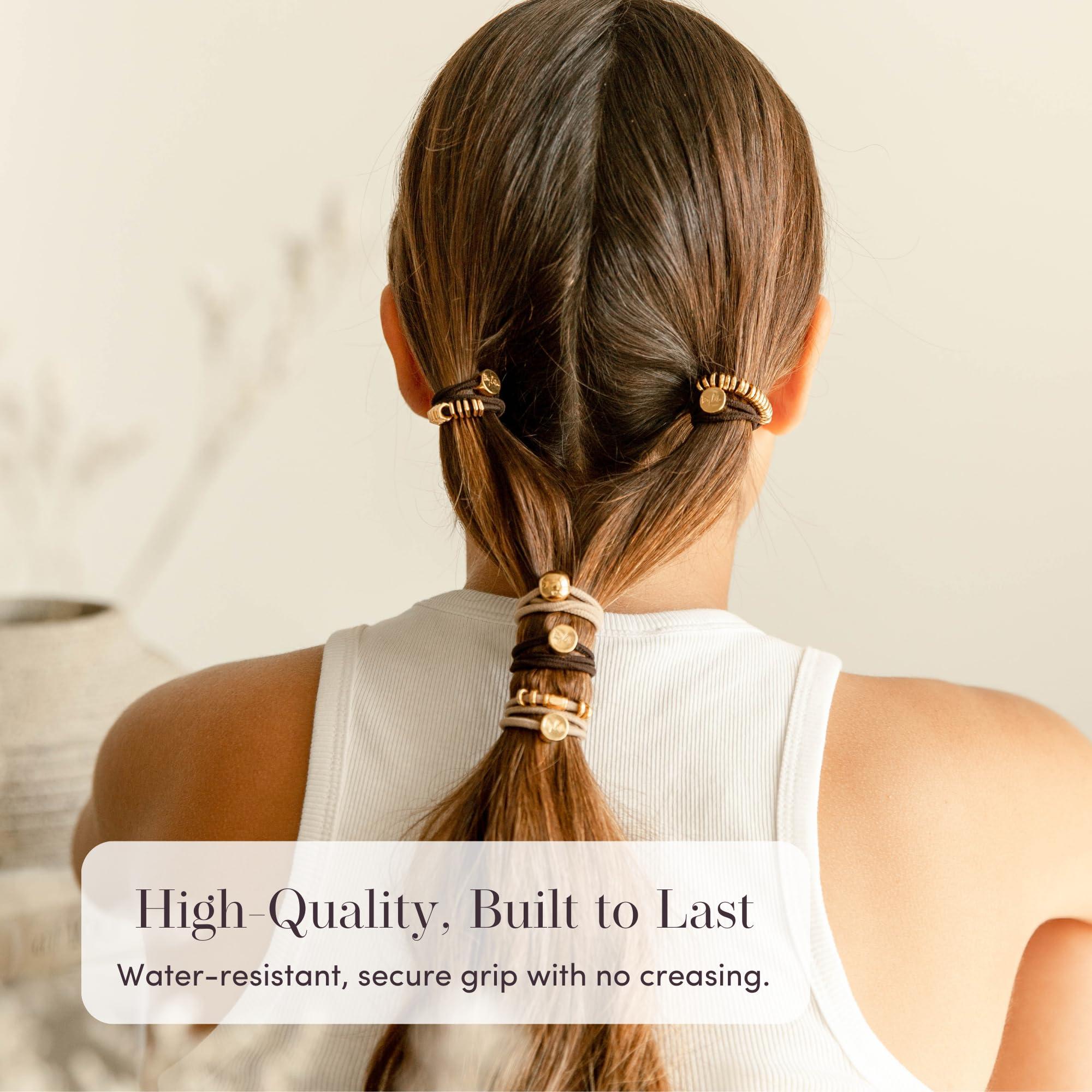 By Lilla By Lilla Hair Ties - Premium Hair Tie Bracelets for Women - Stylish Ponytail Holders for Curly, Straight, Thick, and Thin Hair - Pack of 2 (Barre - Gold/Black)