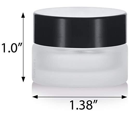 JUVITUS Frosted Clear Glass 5 ml 1/6 oz Small Thick Wall Balm Salve Pot Container Jars with Black Smooth Foam Lined Lids (24 Pack)
