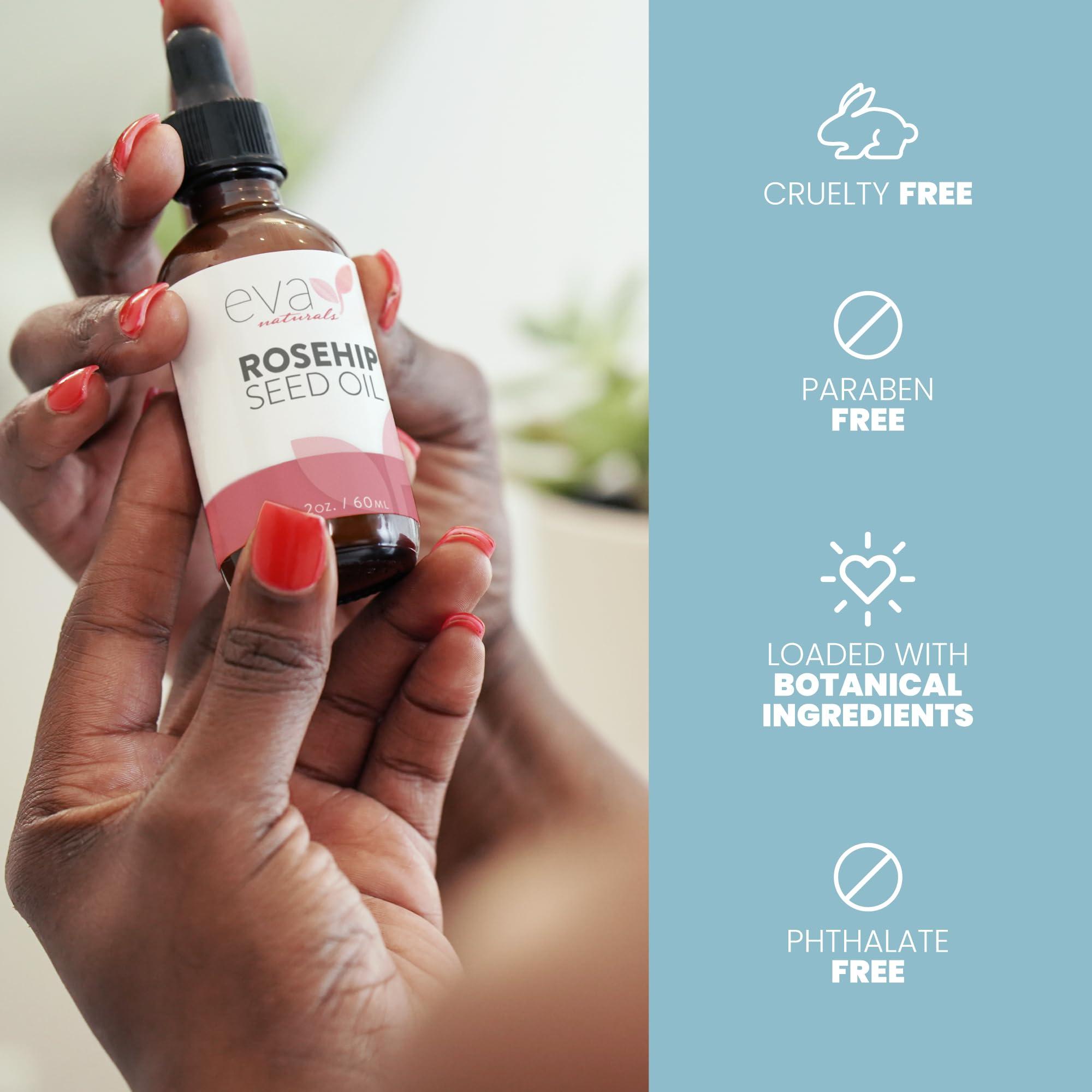 Eva Naturals Pure Rosehip Seed Oil (2 Fl Oz)- Rosehip Oil for Face Aids Stretch Mark and Scar Removal - Facial Oil Reduces Inflammation, Collagen for Radiant Skin - Face Oil - Best Rose Hip Oil for Face