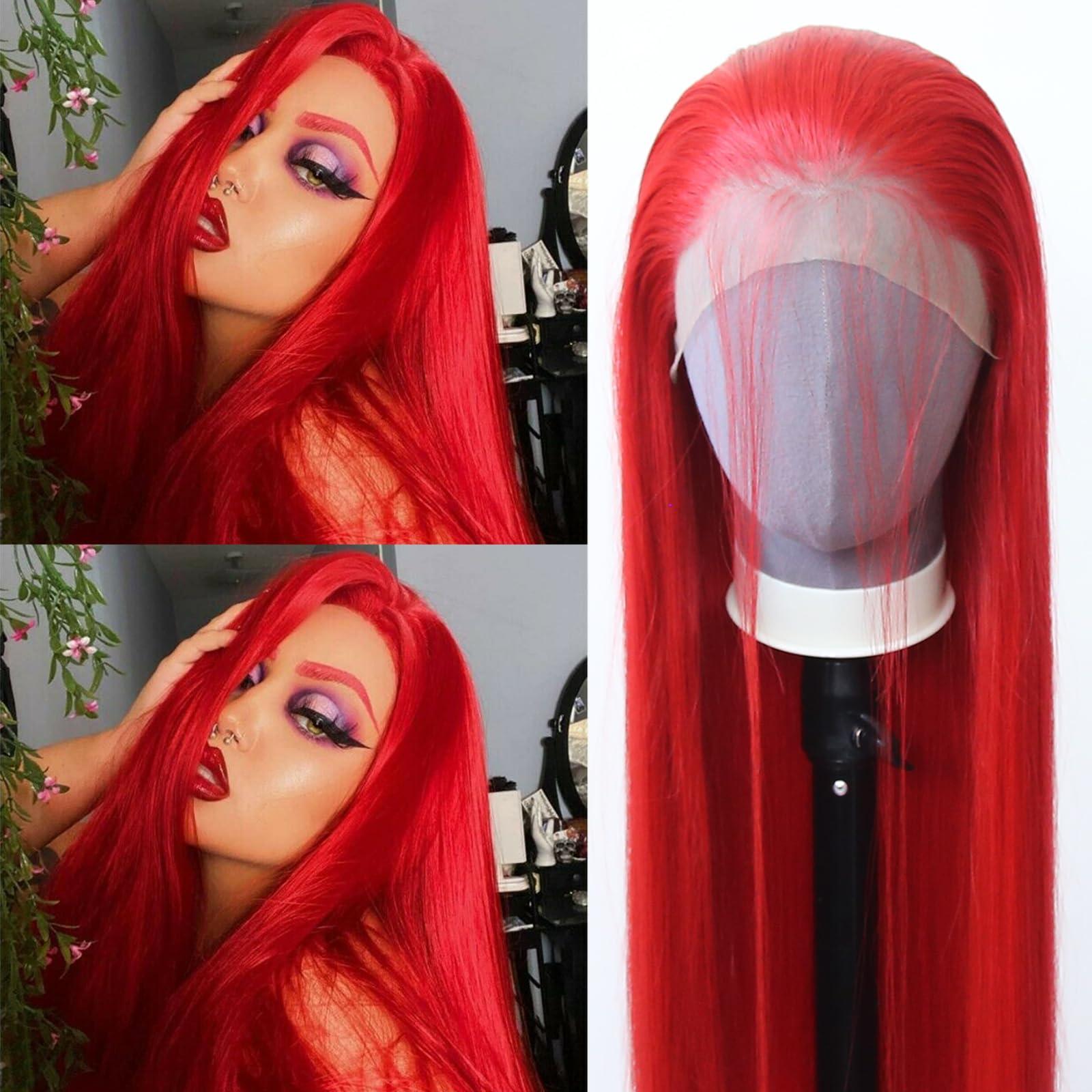 zigzag hair zigzag hair Red Wig Long Straight Bright Red Synthetic Lace Front Wigs Pre Plucked with Natural Hairline for Fashion Women Heat Resistant Hair Red Glueless Synthetic Lace Wig (Bright Red)
