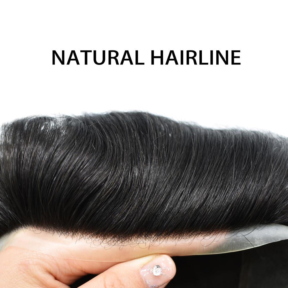 Hair Wonders Toupee for Men Real Human Hair Piece Replacement Systems French Lace Hair Pieces Pu Around Hair Unit for Men Lace Hair System Hair Prosthesis Man8*10\"-120% density#1 Jet Black