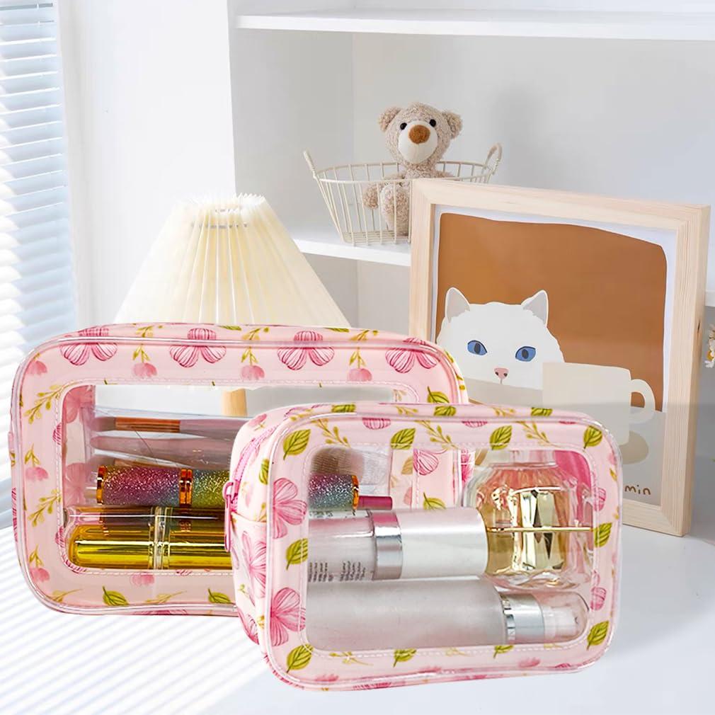 ONEART ONEART 2Pcs Clear Pink Floral Makeup Toiletry Bag Multipurpose Travel Carry Cosmetic Organizer Transparent Storage Bag