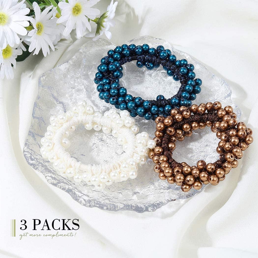 BARTOSI Bartosi Pearl Hair Ties Champagne Hair Ties Elastic Hair Scrunchies Beaded Ponytail Holder Hair Accessories for Women and Girls (Pack of 3)