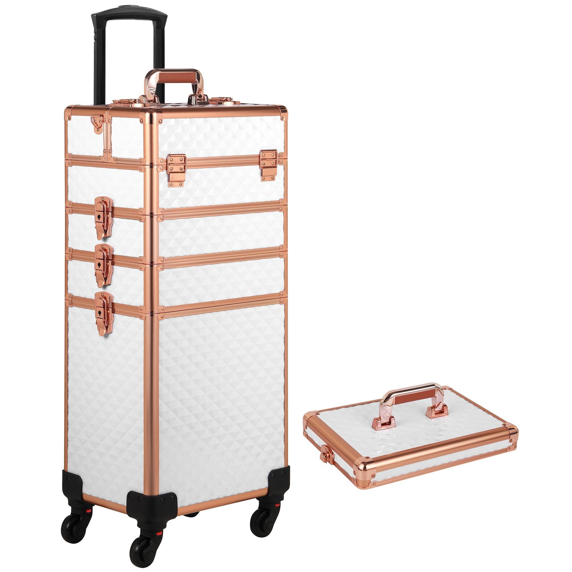 Somduy Somduy Rolling Makeup Case, Makeup Train Case with Lid, 5 in 1 Cosmetology Case on Wheels, Christmas Gift, Large Makeup Case Organizers, Profesional Cosmetic Case for Salon Barber, White Gold