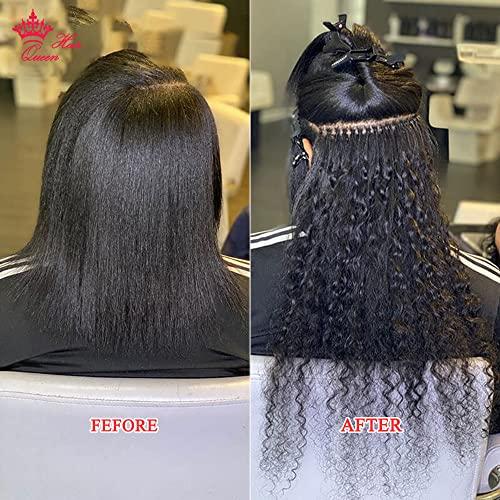 Queen Hair Queen Hair Products Deep Wave I Tip Microlinks Hair Extension Human Hair Brazilian Virgin Hair Bulk I Tip Hair Extensions For Black Women (14inches, I-Tip Hair DW)