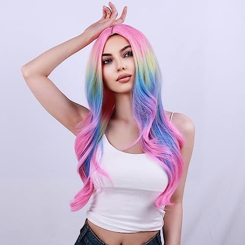 BERON BERON Rainbow Wig Long Wave Wig Colorful Wigs Long Wigs Multi Color Wigs for Women Synthetic Wig for Daily Party Wig Cap Include