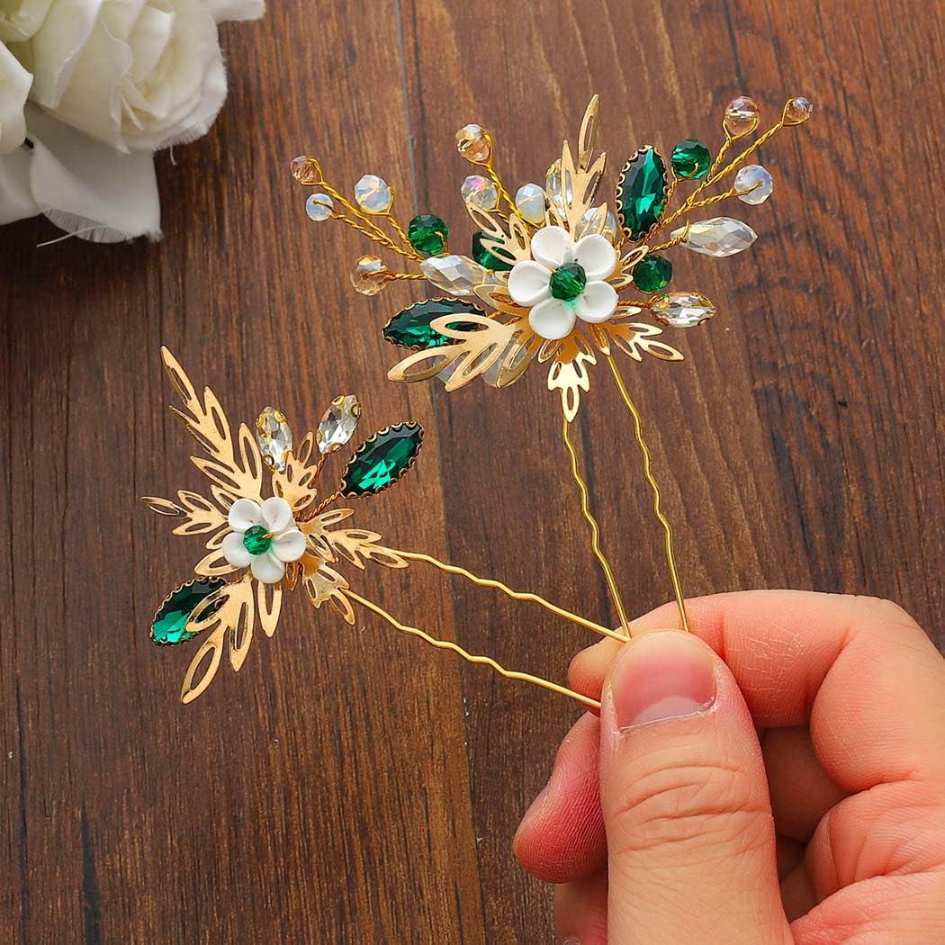 HEREAD Heread Flower Bride Wedding Hair Pins Gold Leaf Bridal Hair Pieces Green Crystal Hair Accessories for Women and Girls