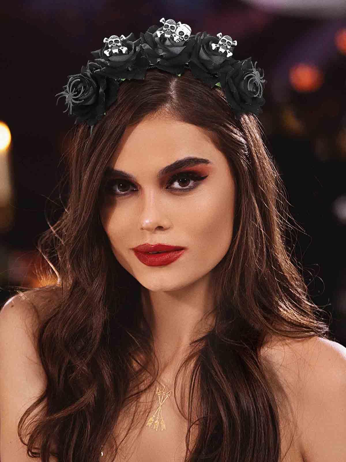 Woeoe Woeoe Halloween Skull Headband Black Rose Flower Costume Day of the Dead Headpiece Spider Mexican Floral Crown for Women and Girls