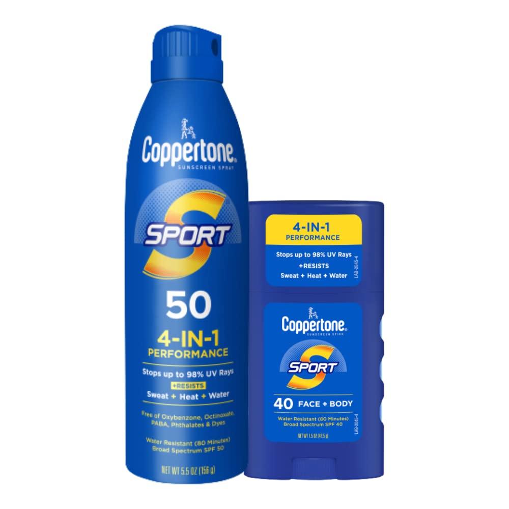 Coppertone Coppertone Sport Sunscreen Spray SPF 50 (5.5 Oz) + Sport Sunscreen Stick SPF 40 for Body and Face (1.5 Oz), Water Resistant