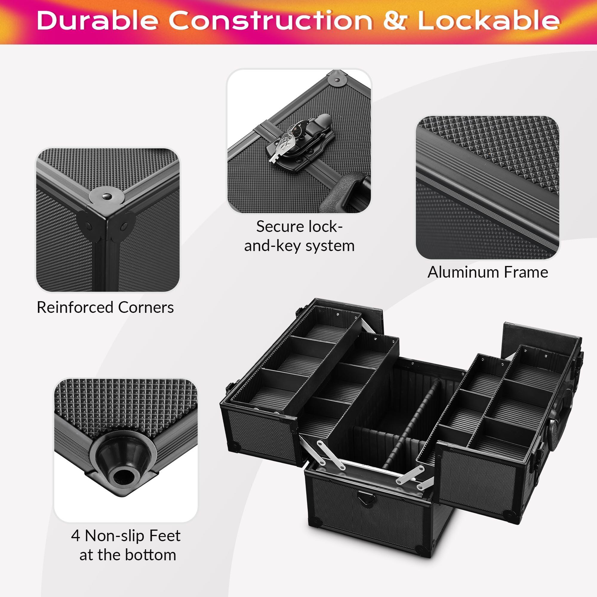 BYOOTIQUE BYOOTIQUE Makeup Train Case Pro Adjustable 4 Sliding Trays Cosmetic Case Storage Organizer Box Lockable Compartments 14 Inch Salon Beauty Large, Black