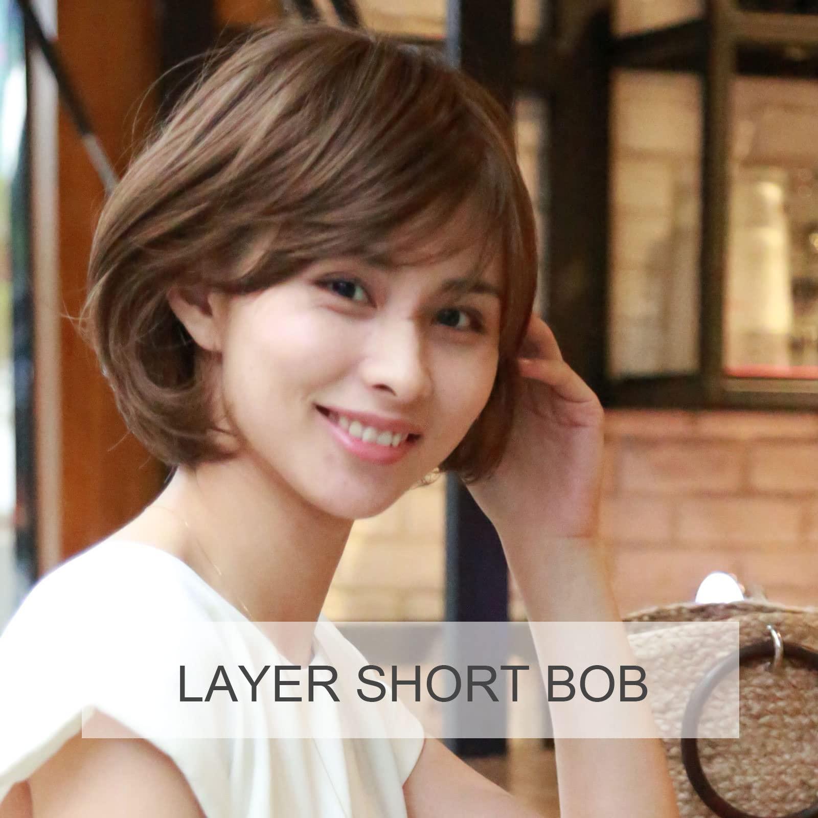 igennki igennki Short Casual Bob Wig with Bangs for Asian Young Women (Human Hair Blend+Medical Base, 3 Dark Brown)