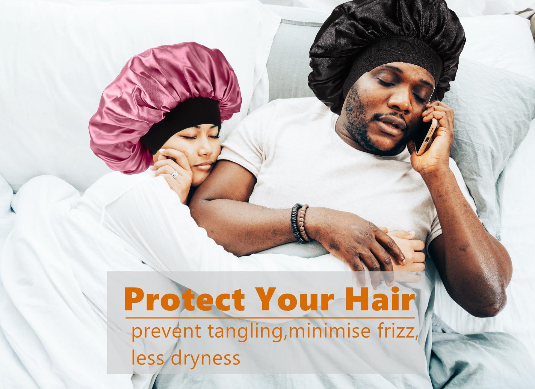 Himoswis Bonnet for Men,Hair Bonnet for Sleeping,Double Layer Satin Bonnets for Black Women Curly Hair Braids,Reversible Sleep Cap (Large,Black/Rose Gold)