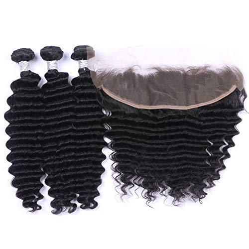 Tony beauty hair Tony Beauty Hair Deep Wave Peruvian Human Hair Weave Bundles with Frontal Black Deep Wave Curly Virgin Hair Full Frontal 13x4 Lace Closure with Bundles Wavy Human hair Wefts (26 26 26+20)