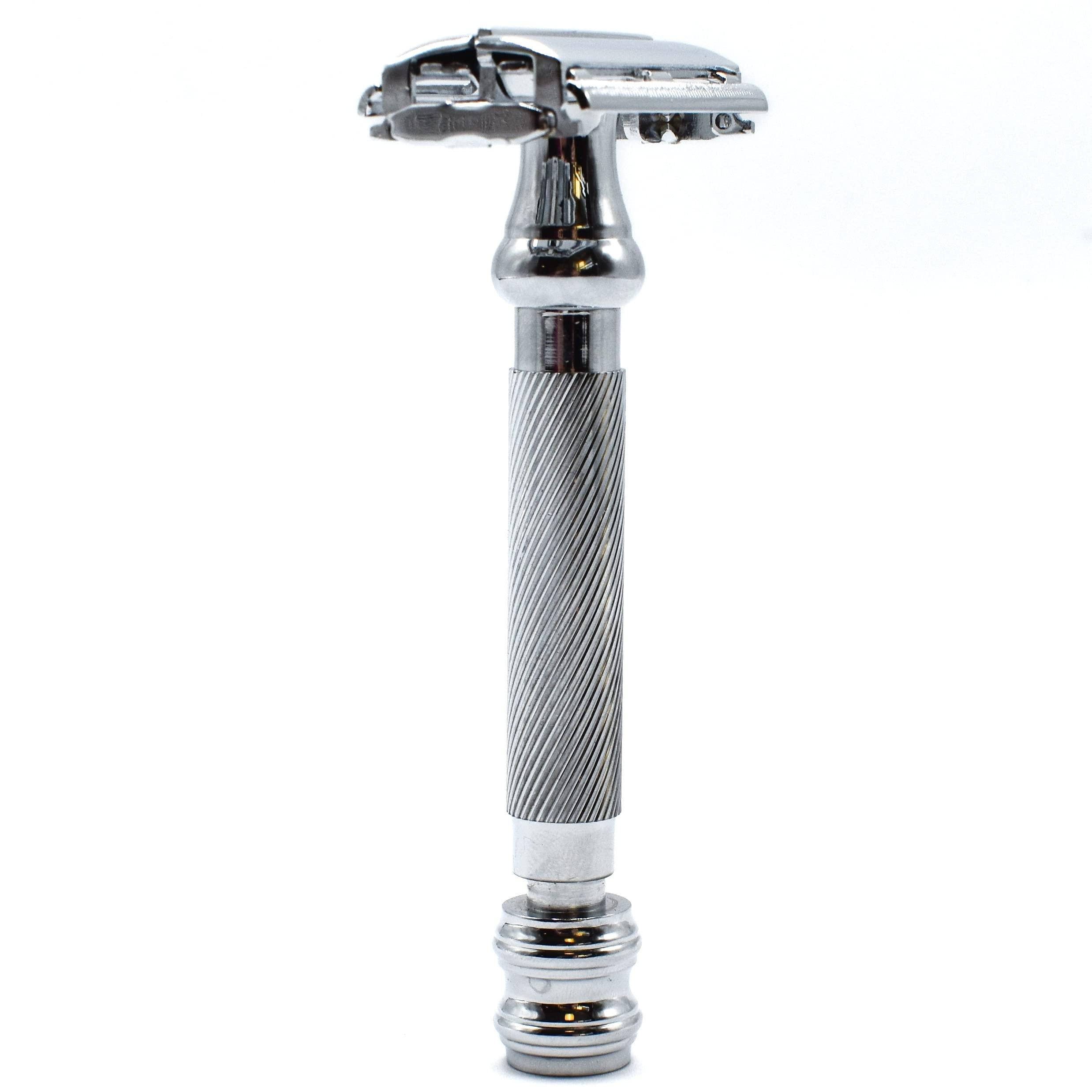 Parker Safety Razor Parker 99R Chrome Long Handle Heavyweight Butterfly Open Double Edge Safety Razor for Men, 5 Parker Premium Platinum Double Edge Razor Blades Included