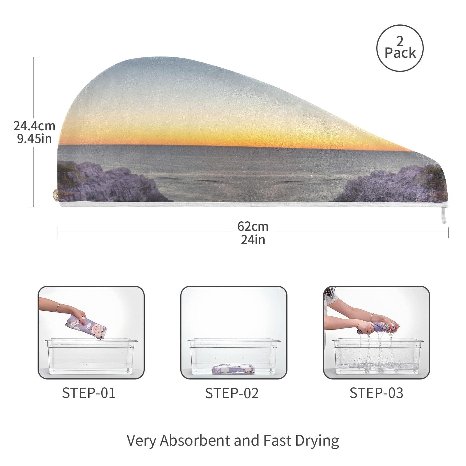 Poeticcity Portland, Maine, USA at Portland Head Light in the Morning 2 Packs Hair Towel Wrap, Absorbent Turban Bath Hair Towel Hat, Quick Drying Hair Towel with Button for Curly, Long, Thick Hair