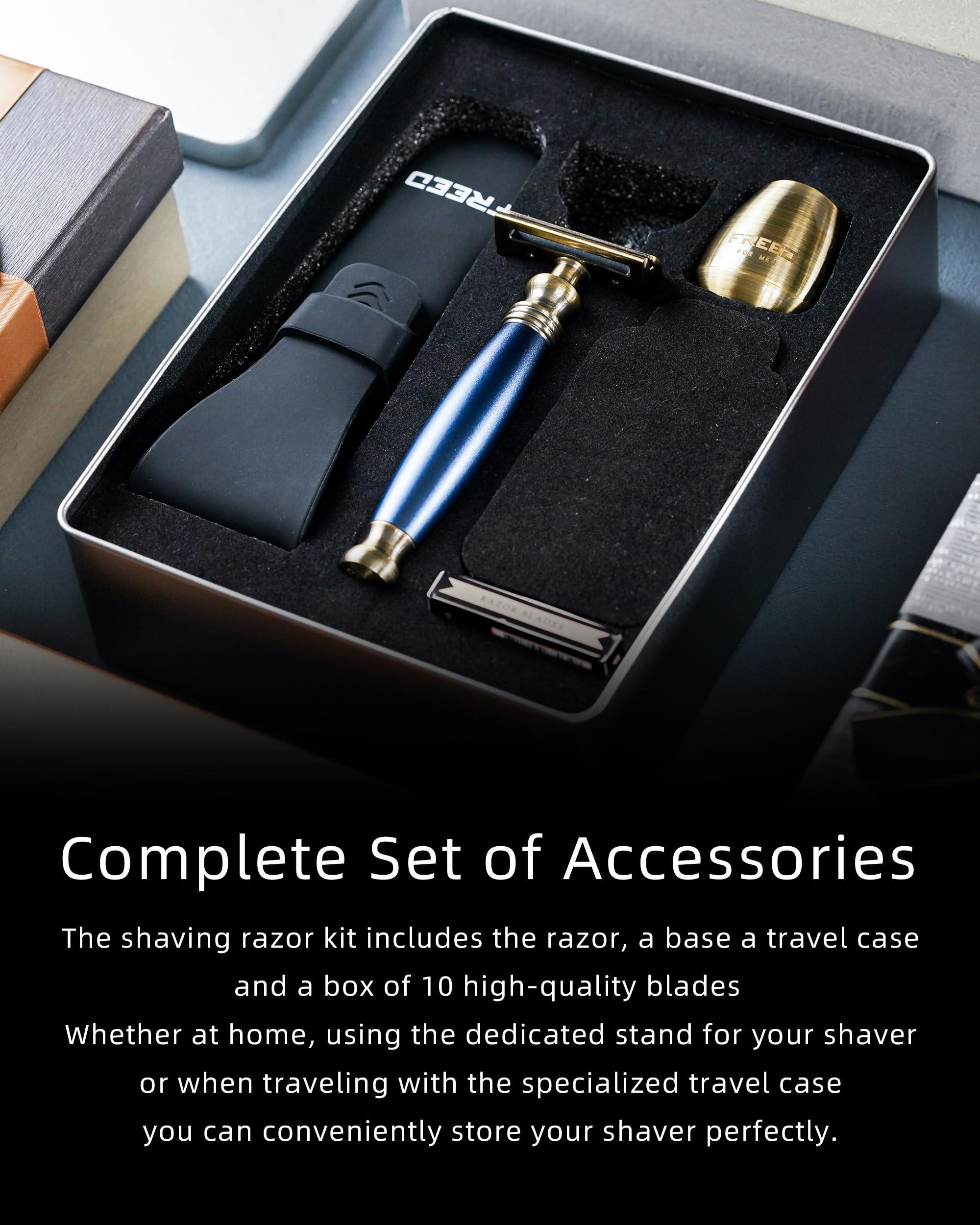 FREED FREED Bronze Series Customized gifts Engraving Shaving Kit - Safety Razor with metal handle include razor travel case,razor base,and 10 blades,It's the best gift for men (Blue)