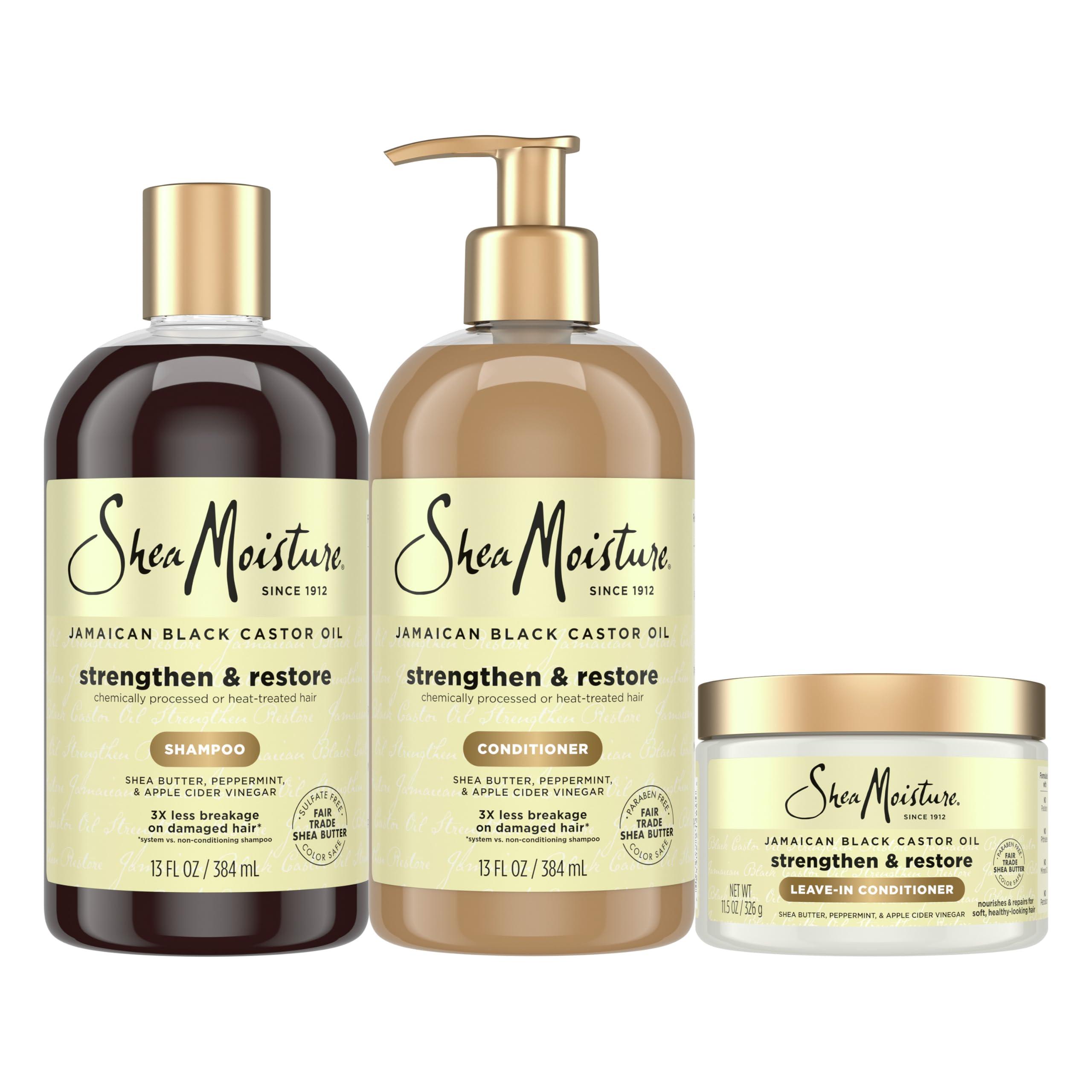 SheaMoisture SheaMoisture Strengthen & Restore Shampoo, Conditioner & Leave-In Bundle Jamaican Black Castor Oil 3 Pack to Cleanse & Nourish Dry, Damaged Hair