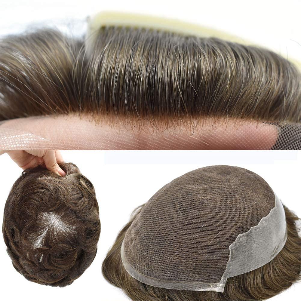 LYRICAL HAIR Toupee for Men Hair Replacement System Swiss Lace Mens toupee Front Bleached Knot Natural Hairline Men Hair Unit 100% Human Hair Gray Brown Black Blonde Men Hair Piece (7\"X9\", #6 Light Brown-100% Light to Medium Light Density)