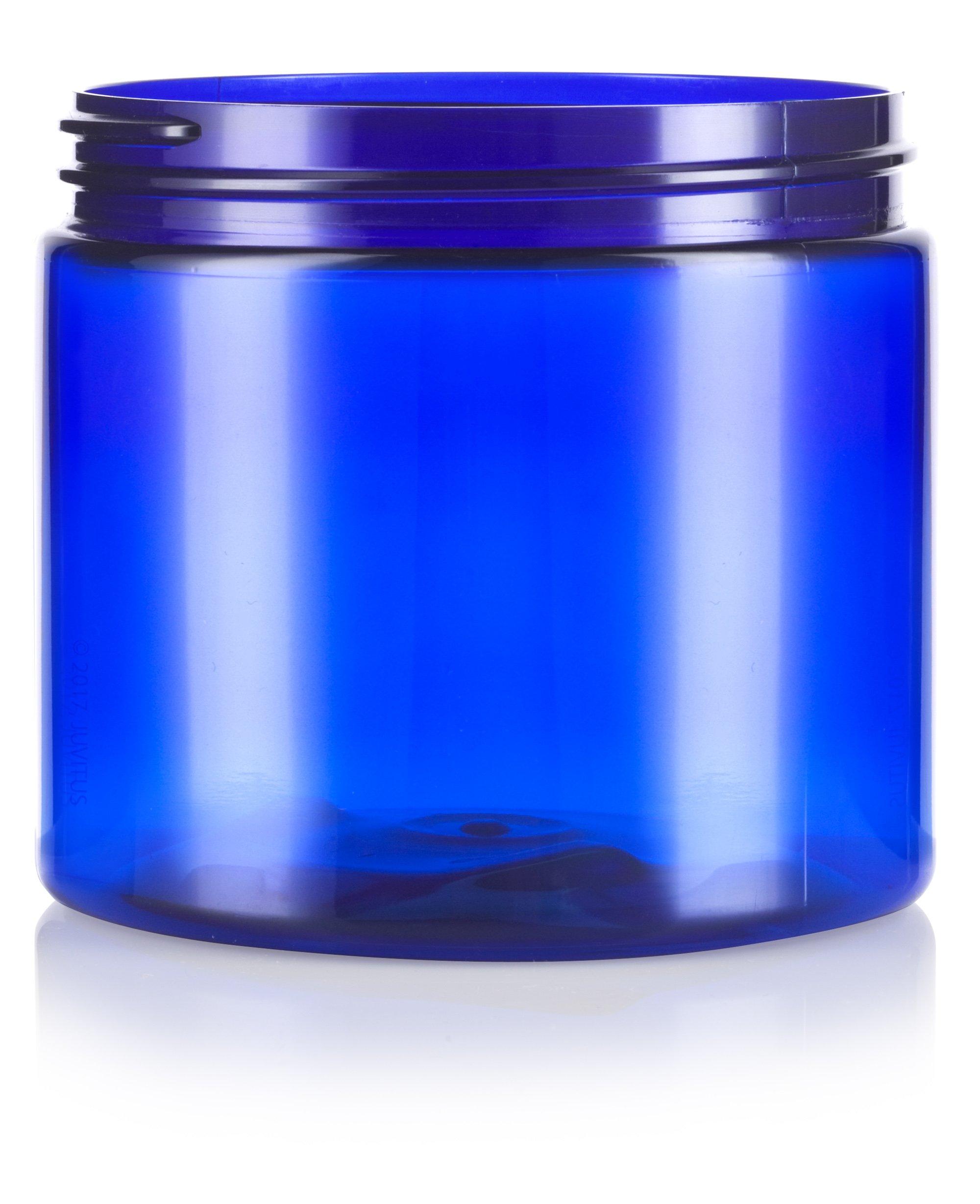 JUVITUS 16 oz Cobalt Blue PET Plastic Jar with Gold Metal Overshell Lid (6 Pack)
