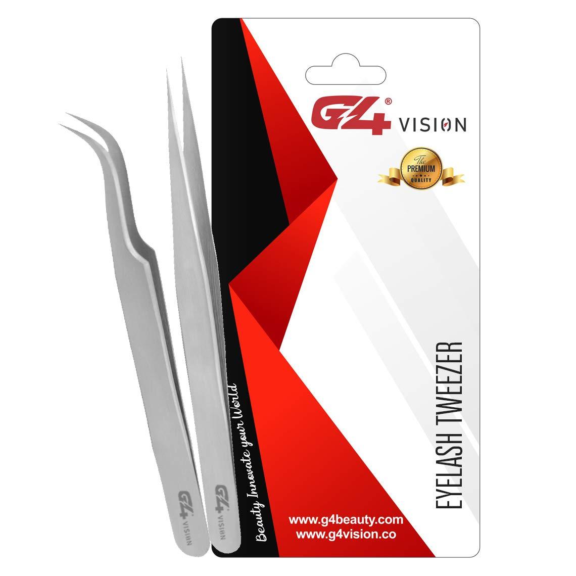 G4 VISION G4 Vision Lash Pointed Tweezers Straight & Curved Eyelash Extension Pack of 2 Stainless Steel Makeup Tweezer Tip Fals Tools Silver