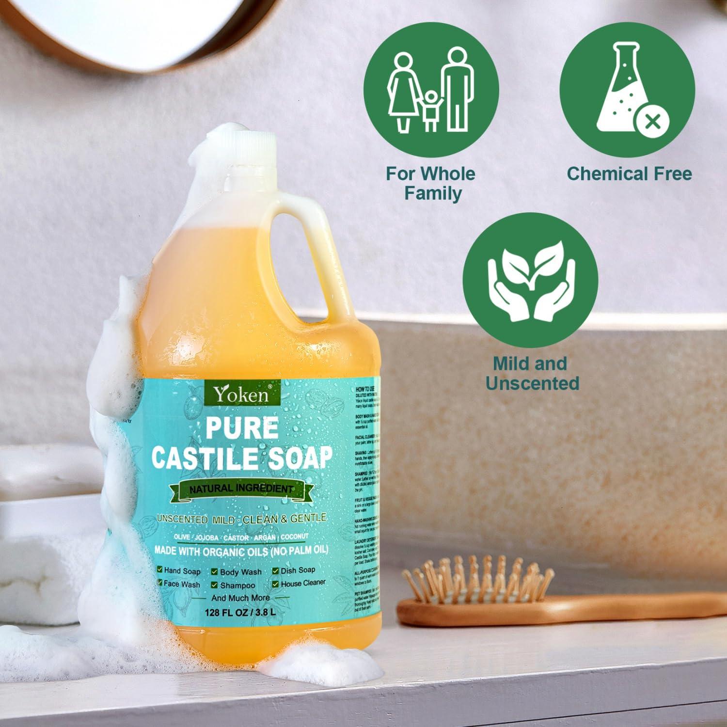 Yoken Yoken Castile Soap Liquid EWG Verified(1 Gallon, Unscented) Pure-Castile Liquid Soap for Body, Face, Hand, Pets, Laundry, Dish Soap and More - Made With Organic Oil, Vegan, Clean & Gentle, Versatile