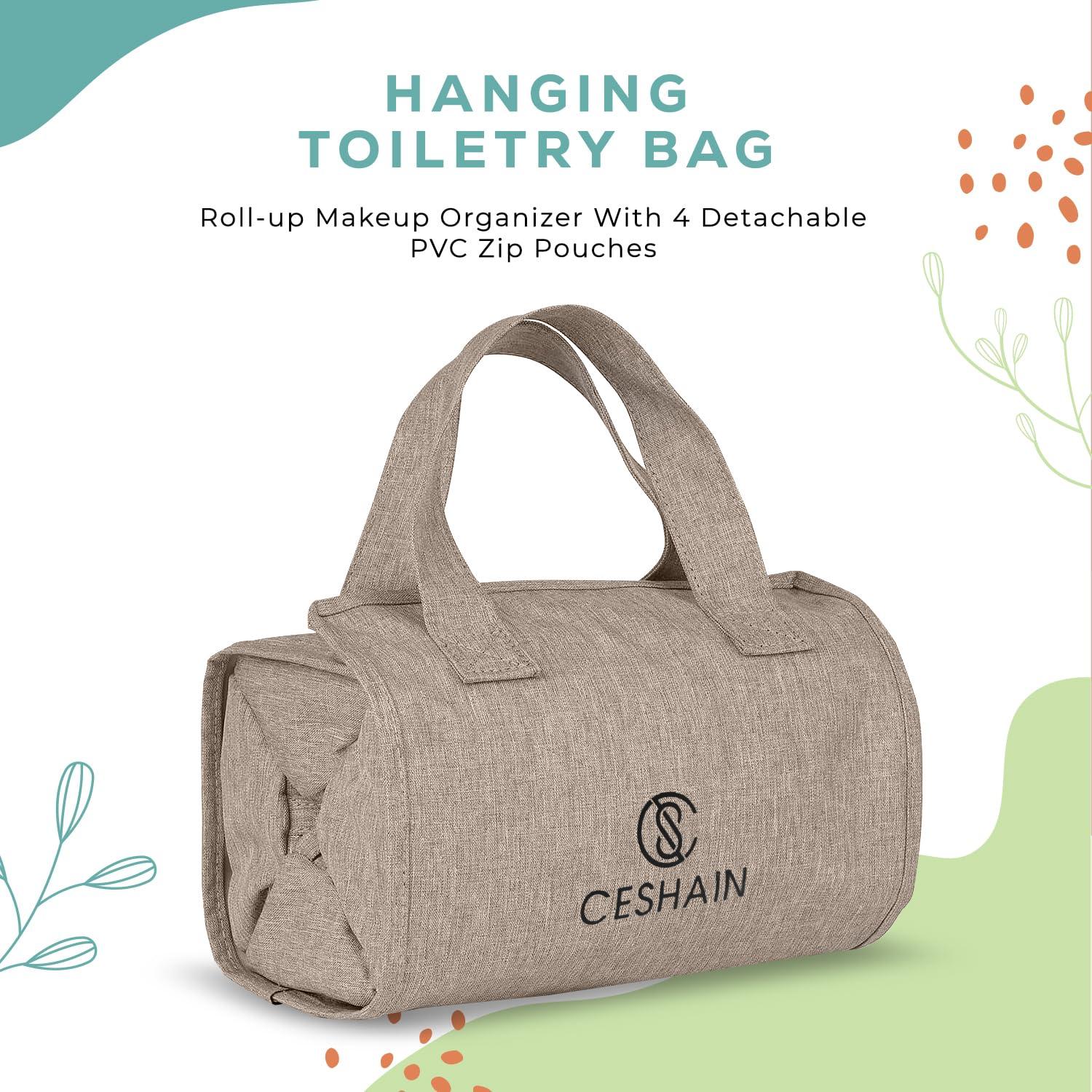 Ceshain 4-in-1 Hanging Toiletry bag - Roll-Up Makeup Bag - 4 Detachable PVC Zip Pouches 600D Oxford Fabric, Versatile Travel Toiletry Organizer Bag - Makeup, Cosmetics, First Aid, Medicine Personal Care,