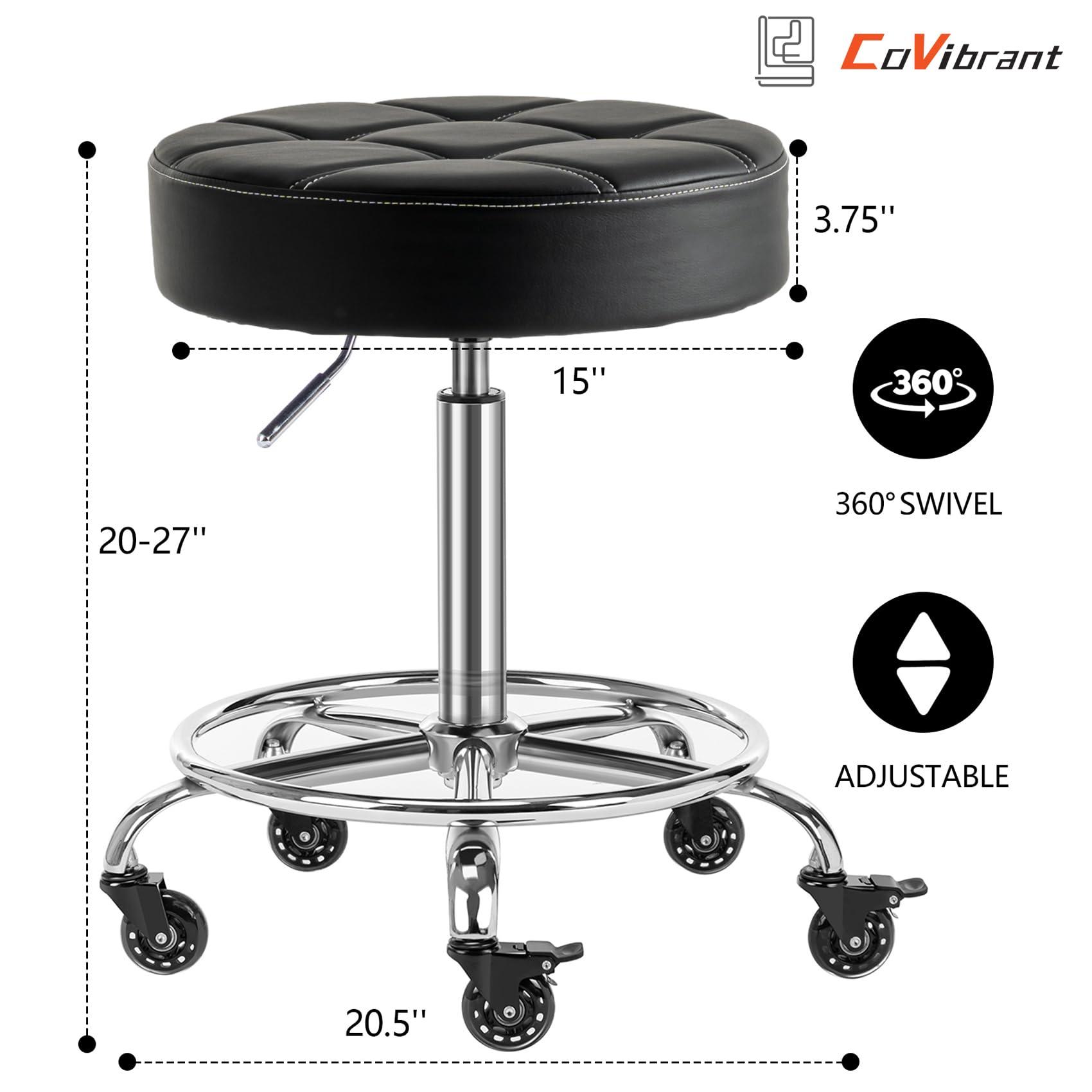 CoVibrant CoVibrant Heavy Duty Adjustable Rolling Stool with Noiseless Wheels, Dual Brakes, Footrest & Swivel - 20"-27" Height - for Kitchen, Medical, Salon, Tattoo, Office, Home (Black)