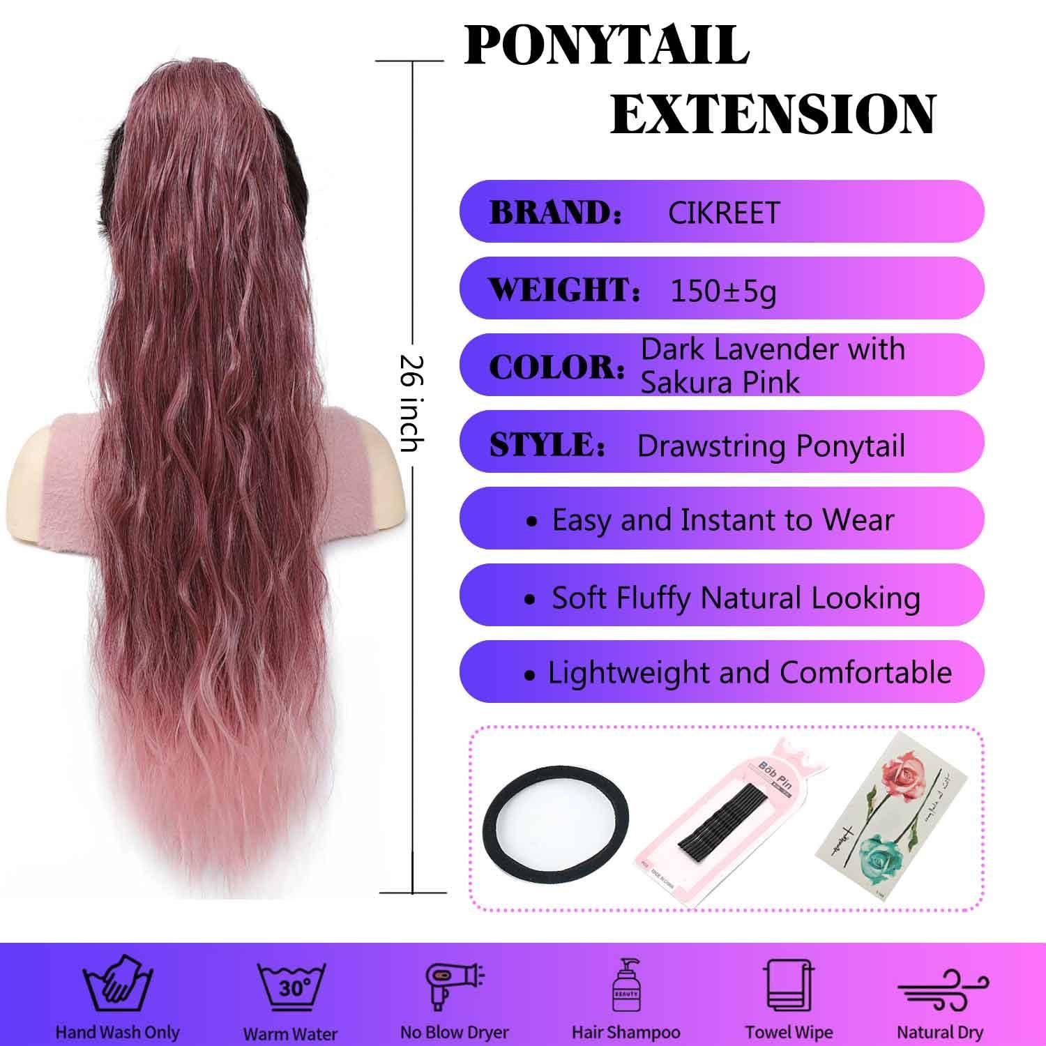 CIKREET Dark Lavender Light Pink Ponytail Extension Drawstring Ponytail Curly Ponytail Extension for Women Pony Tails Hair Extensions 26 Inch Long Ponytail Extension Clip in Ponytail Hair Extensions Ponytail