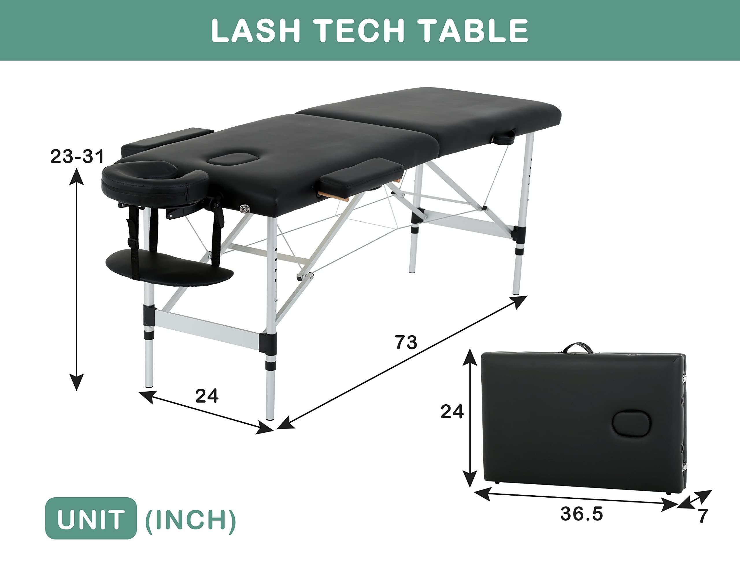 MKDLUFEI Massage Table, 2 Fold Lash Bed, Massage Bed Portable for Eyelash Extensions, Wide Massage Table with Carrying Bag, Massage Tables with Face Cradle & Handle, Portable Chiropractic Table - Black