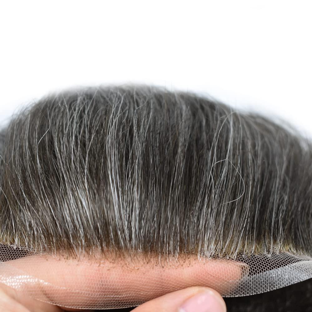 Generic Toupee for men Hairpieces Undetectable Full Soft French Lace Men Toupee Hair System Human Hair Replacement Systems Men Hair Wig Units 7X9\"-100% density#240 Darkest Brown with 40% Gray