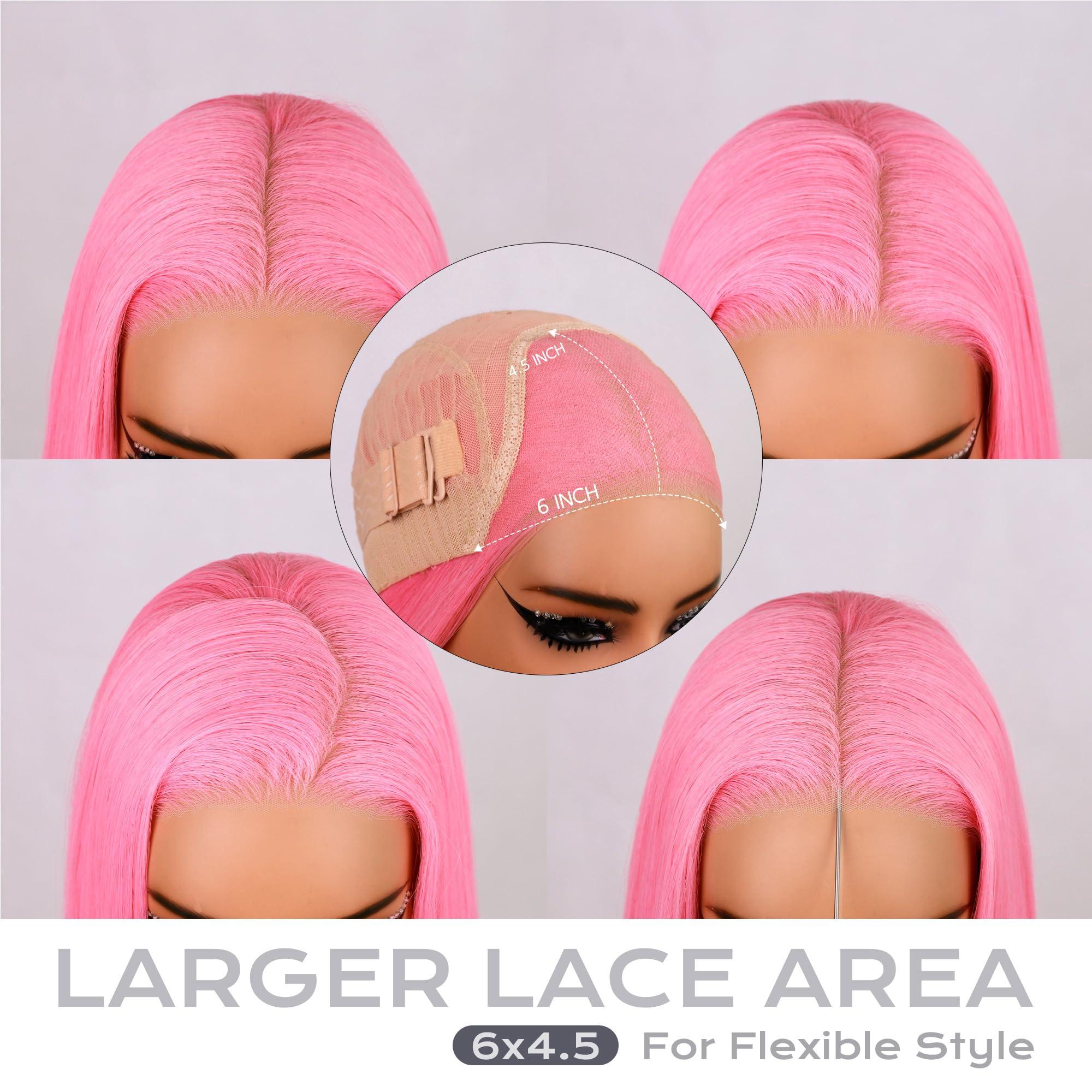BLL BLL Pink Lace Front Wig, Synthetic Glueless Pre Plucked Pre Cut 6x4.5 Lace Easy to Wear Put on and Go 26inch Straight Wigs for Women Beginner Friendly Suitable For Daily Party Wear