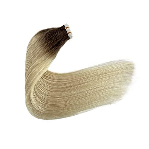 Munx Tape Ins Human Hair Extensions 22inch Omber Flax Brown to Platinum Blonde Silky Straight Brazilian Double Sided Tape in Extensions Human Hair Tape in Extensions