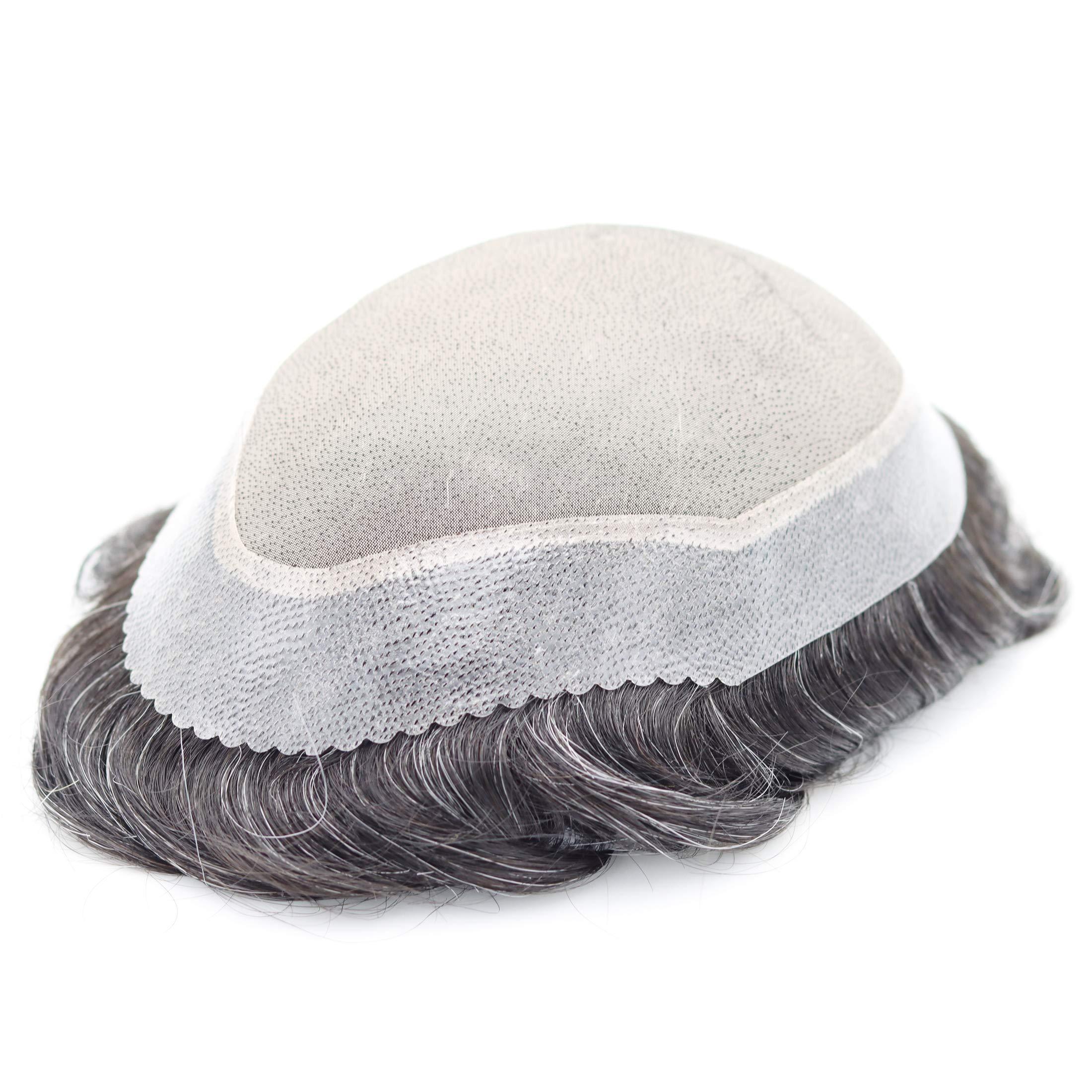 Superhairpieces Superhairpieces Men\'s Toupee Hairpiece NM100B 120% Med Density 7\"x9\" Durable Mono Silk Top Base, 100% Natural Indian Remy Hair, 1.25\" Clear Poly, \"A\" Shape Scallop Front Mens Toupee (Darkest Ash Brown)