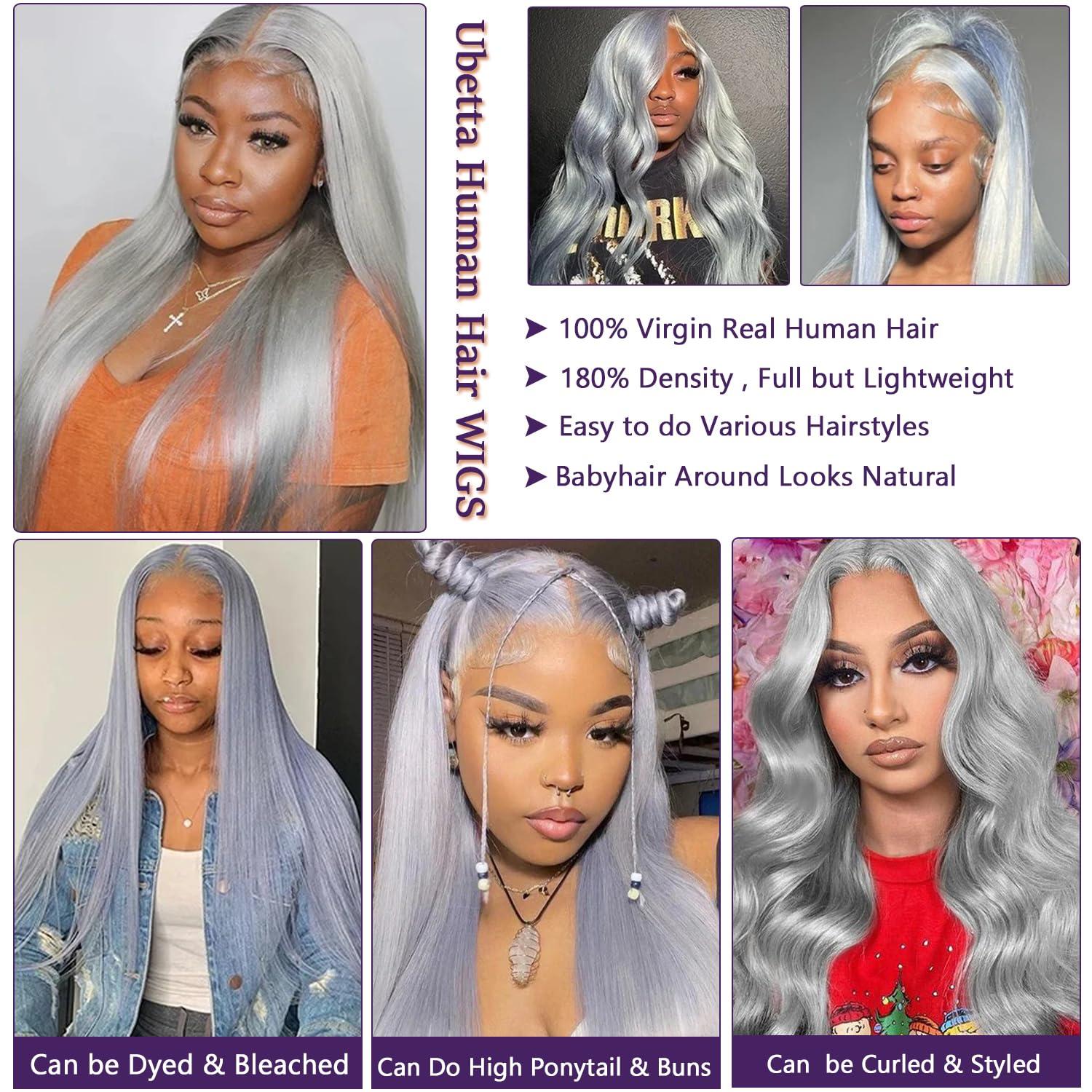 Ubetta Grey Lace Front Wigs Human Hair 28 Inch 13x6 Silver Grey Wig Human Hair Pre Plucked Glueless HD Lace Front Grey Wigs for Black Women 180% Density Colored Grey Straight Human Hair Lace Front Wigs